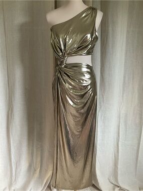 JLUXLABEL Metallic Gold One Shoulder Cutout Maxi Dress XL Ruched Glam Formal